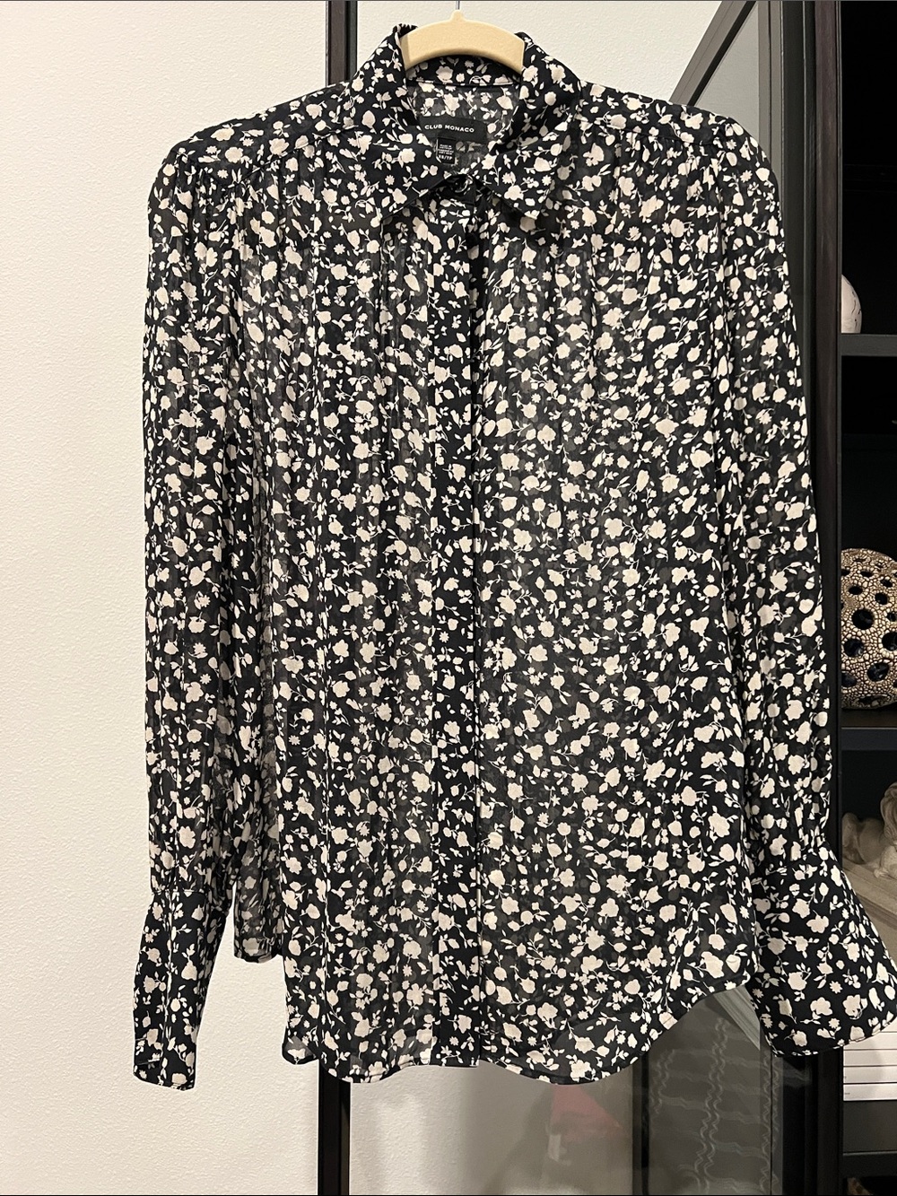 Club Monaco Black and White Floral Tie-Neck Blouse